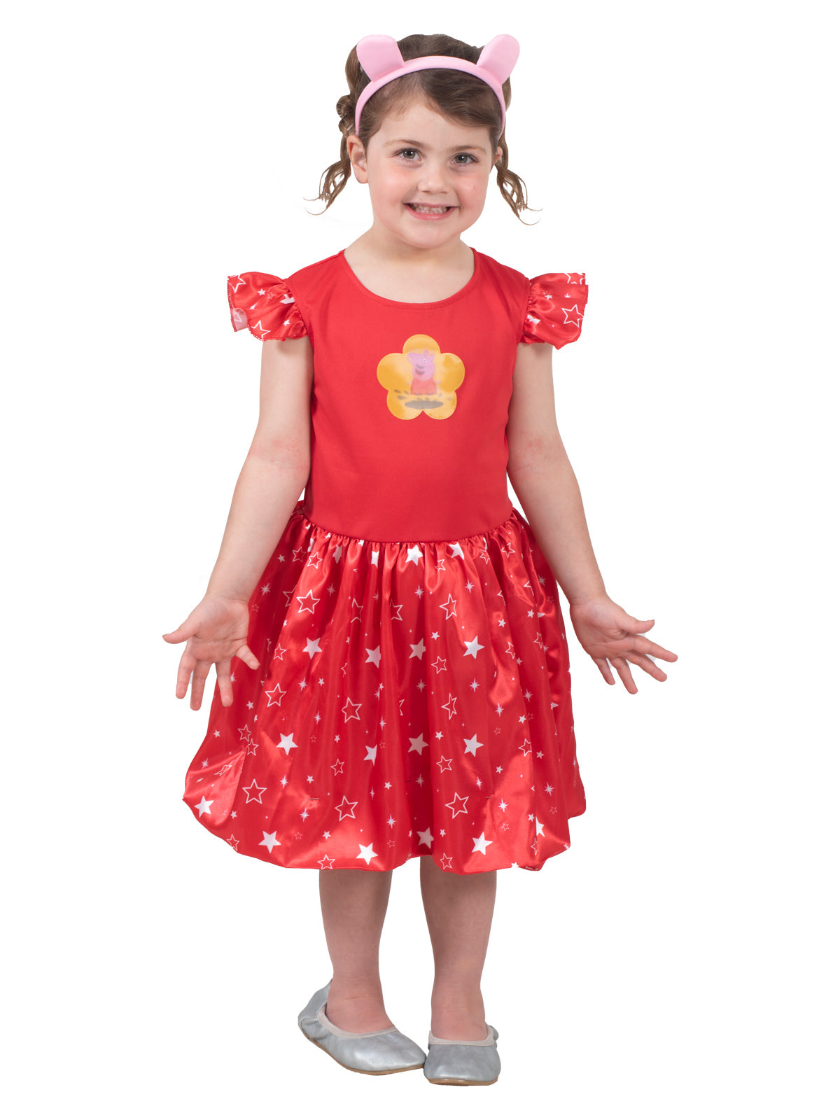 Girl standing in the Peppa Pig Deluxe dress with Peppa jumping in muddy puddles print