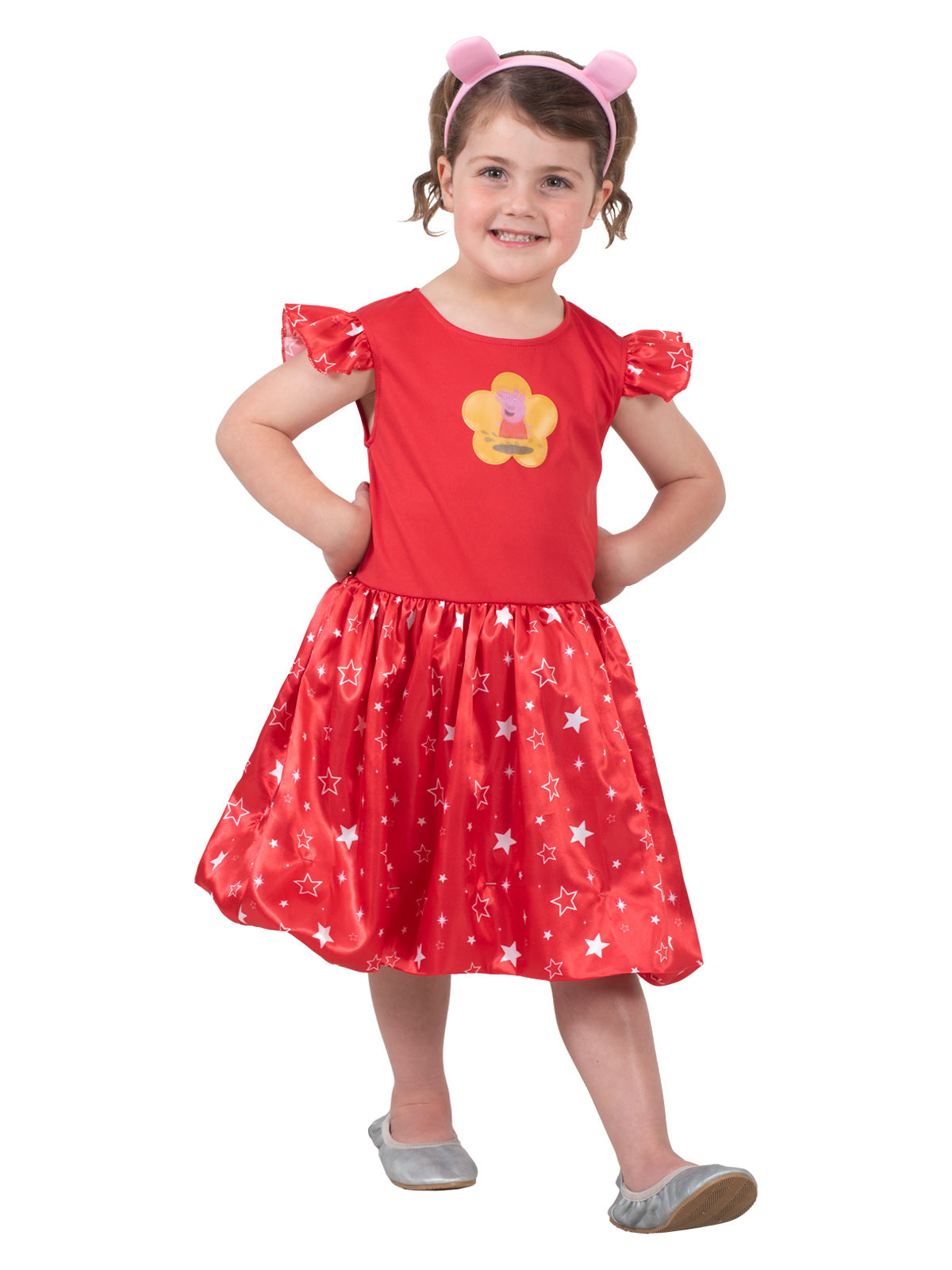 Girl with hands on hips in the red Peppa Pig dress with cap sleeves and ears headband