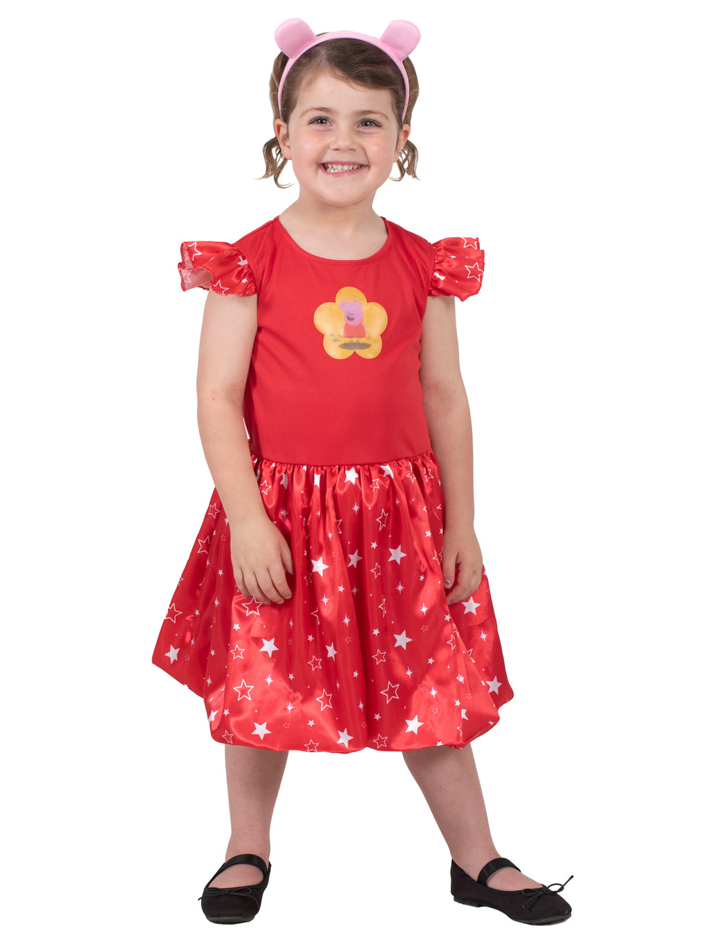 Girl in the Peppa Pig red star-print dress and pink felt ears