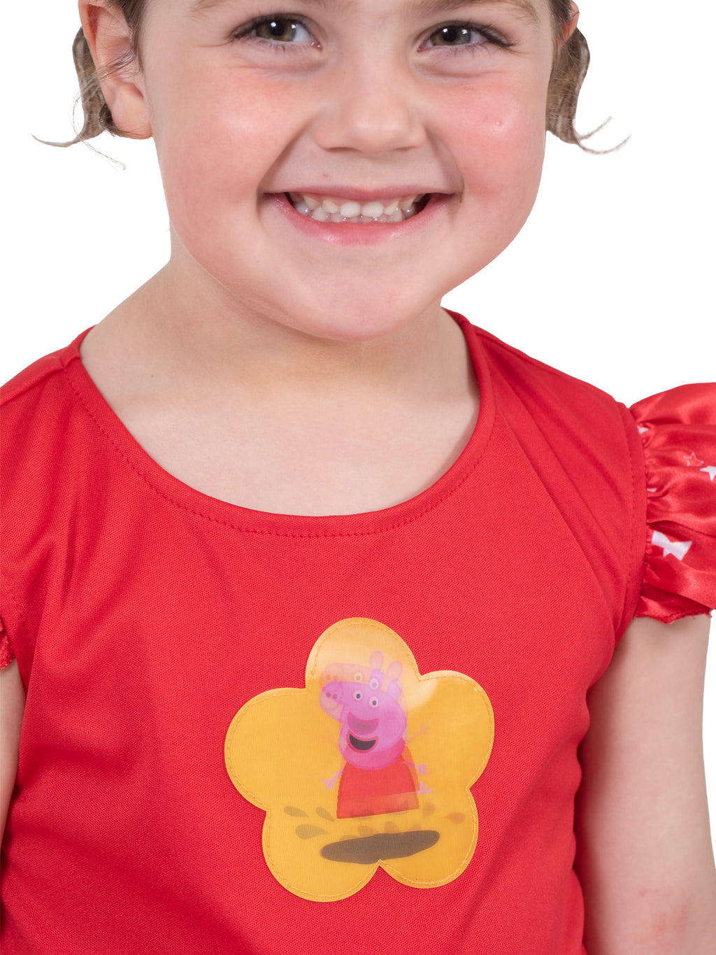 Close-up of the Peppa Pig dress chest print and capped sleeve