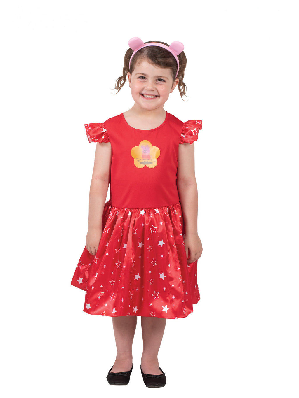 Girl in the Peppa Pig Deluxe red dress with a Peppa print, star-print skirt and pink piggy ears headband