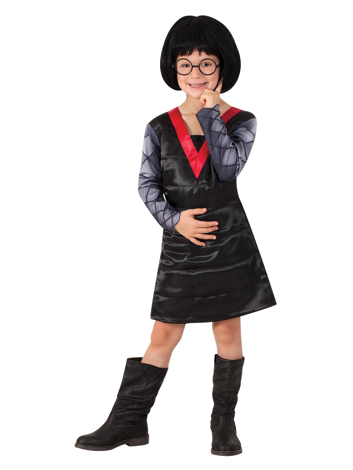 Girl in Edna Mode costume with black bob wig, round glasses and quilted black dress