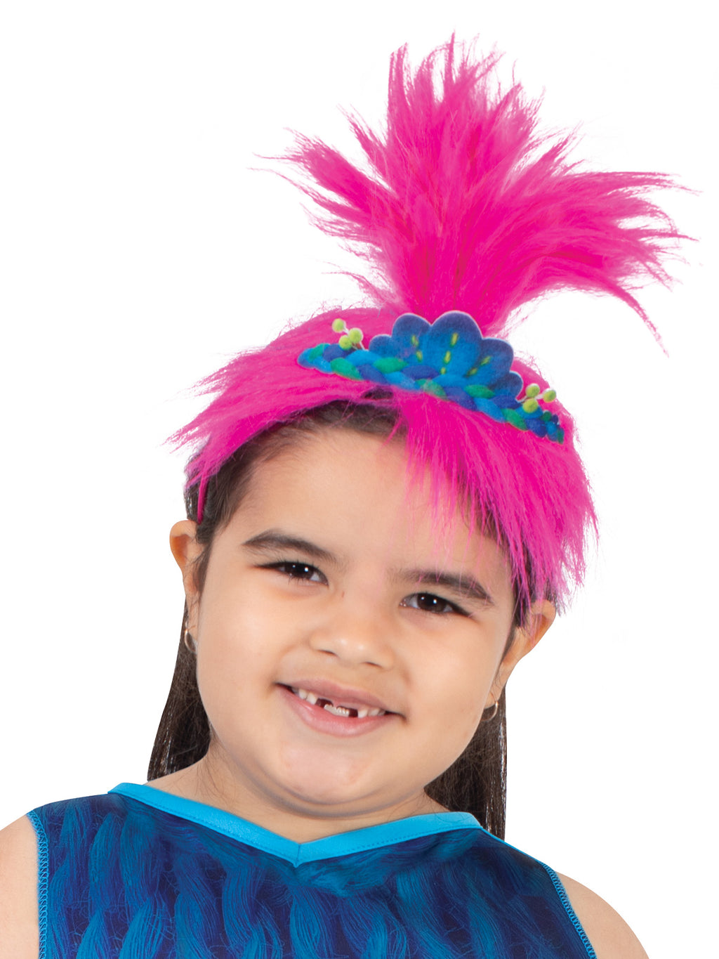 Smiling girl wearing the Trolls Band Together Poppy upright pink faux hair headband