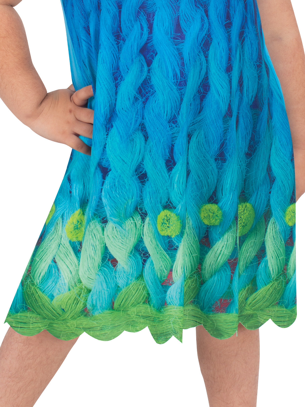 Close-up of the Trolls Band Together Poppy dress skirt with green and blue wool-style print