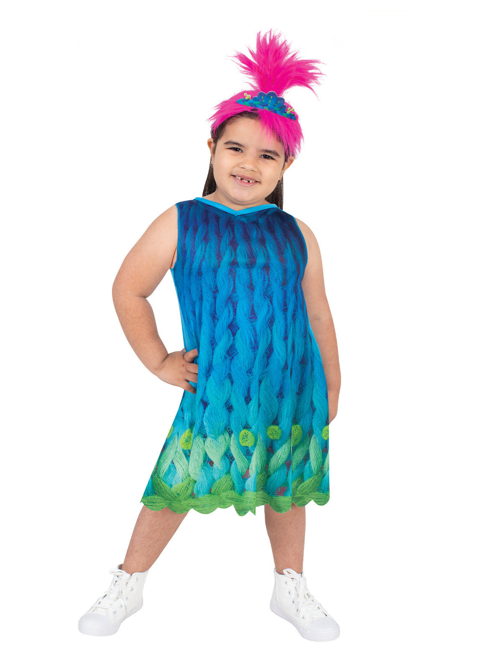 Girl in the Trolls Band Together Poppy costume with ombre blue and green dress and pink hair headband