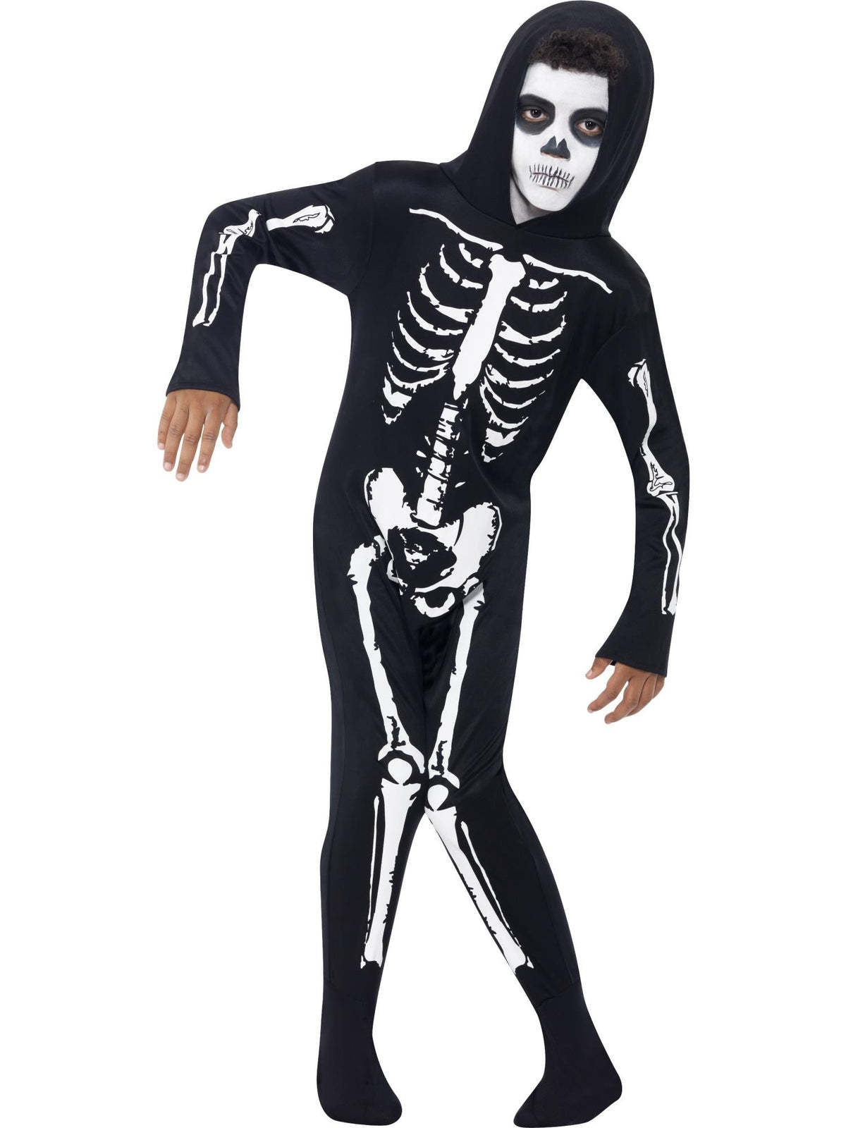 Child in a black hooded skeleton onesie with white bone print from head to toe