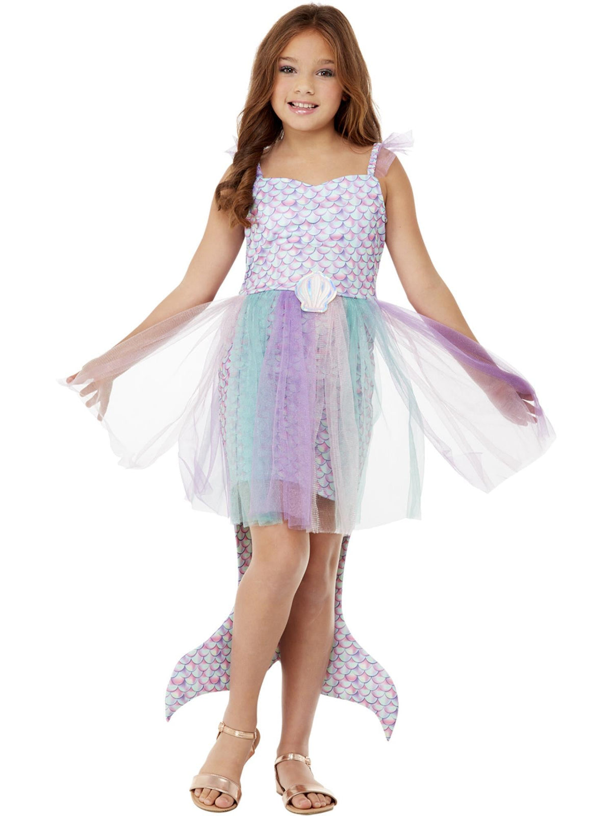 Girl wearing a lilac seashell mermaid dress with scale-print bodice, pastel tulle skirt and attached tail