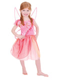 Girl wearing a pink Rosetta fairy tutu dress with printed satin bodice, petal skirt and tulle wings