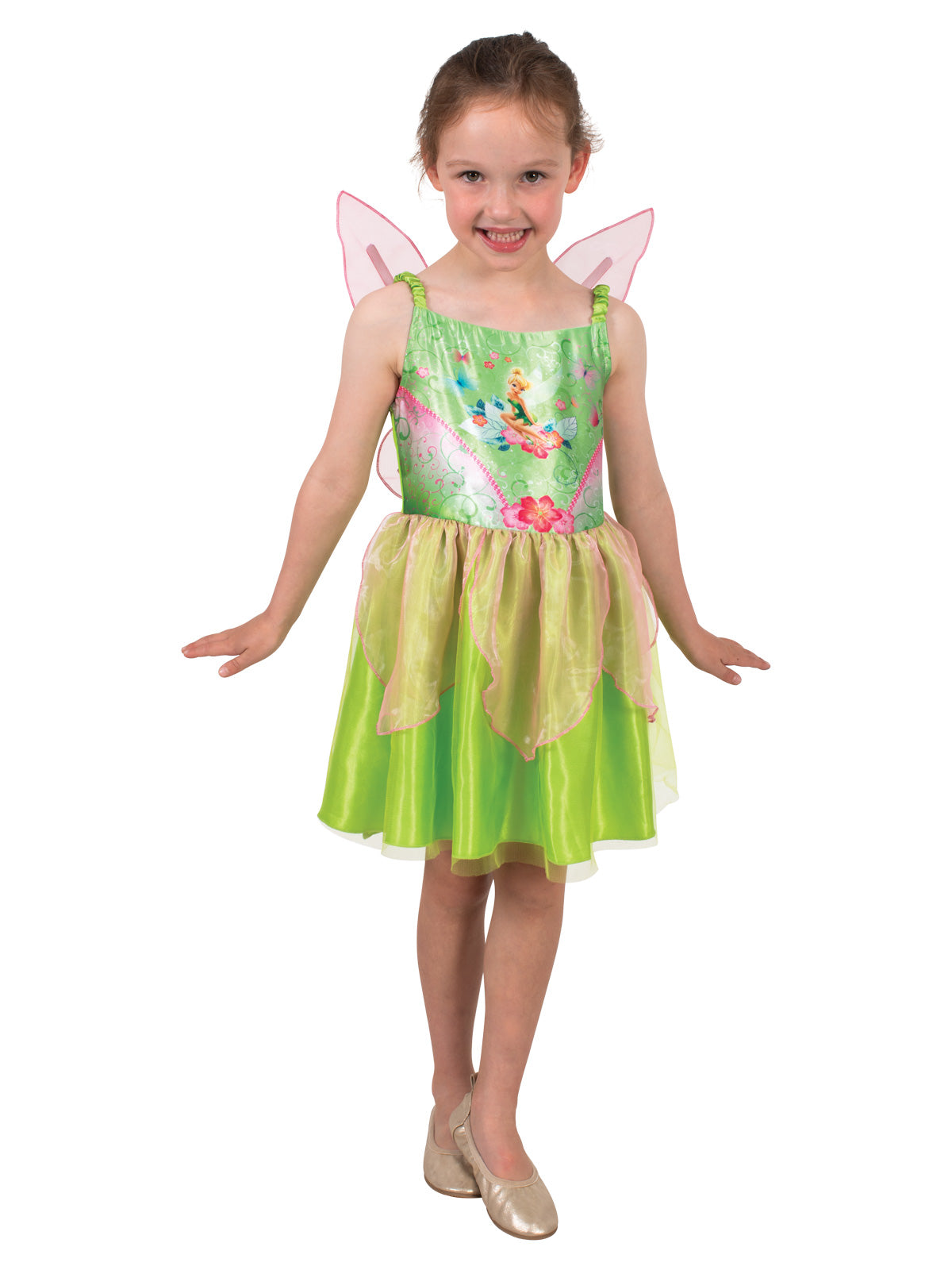 Girl wearing a green Tinker Bell ballerina dress with printed fairy bodice, tulle skirt and pink wings