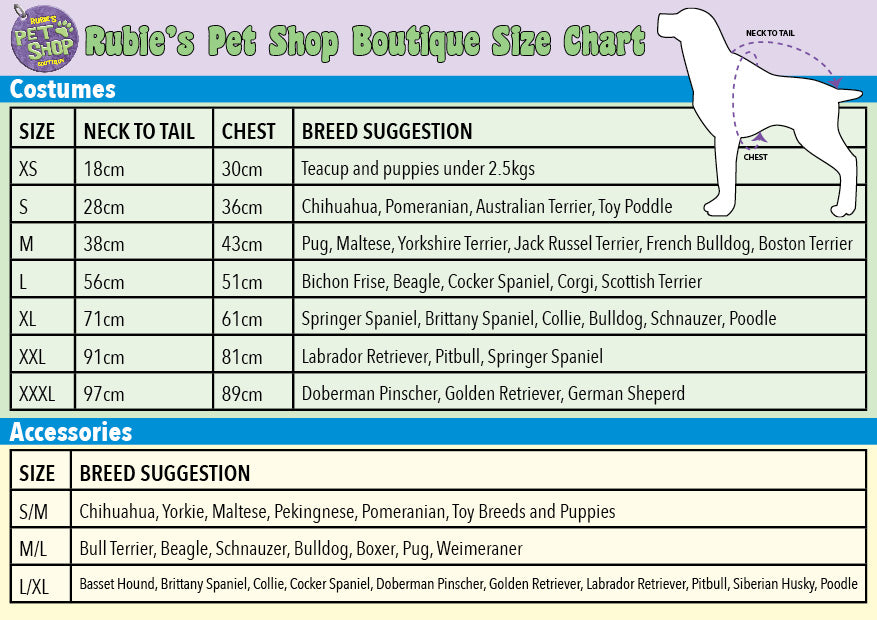 Size chart for the Wedding Veil Pet