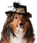 Dog wearing the black Happy New Year pet top hat with gold glitter lettering and feather