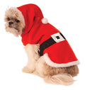 Small dog in the red fleece Santa Claus pet costume with white fur trim, black belt and hood