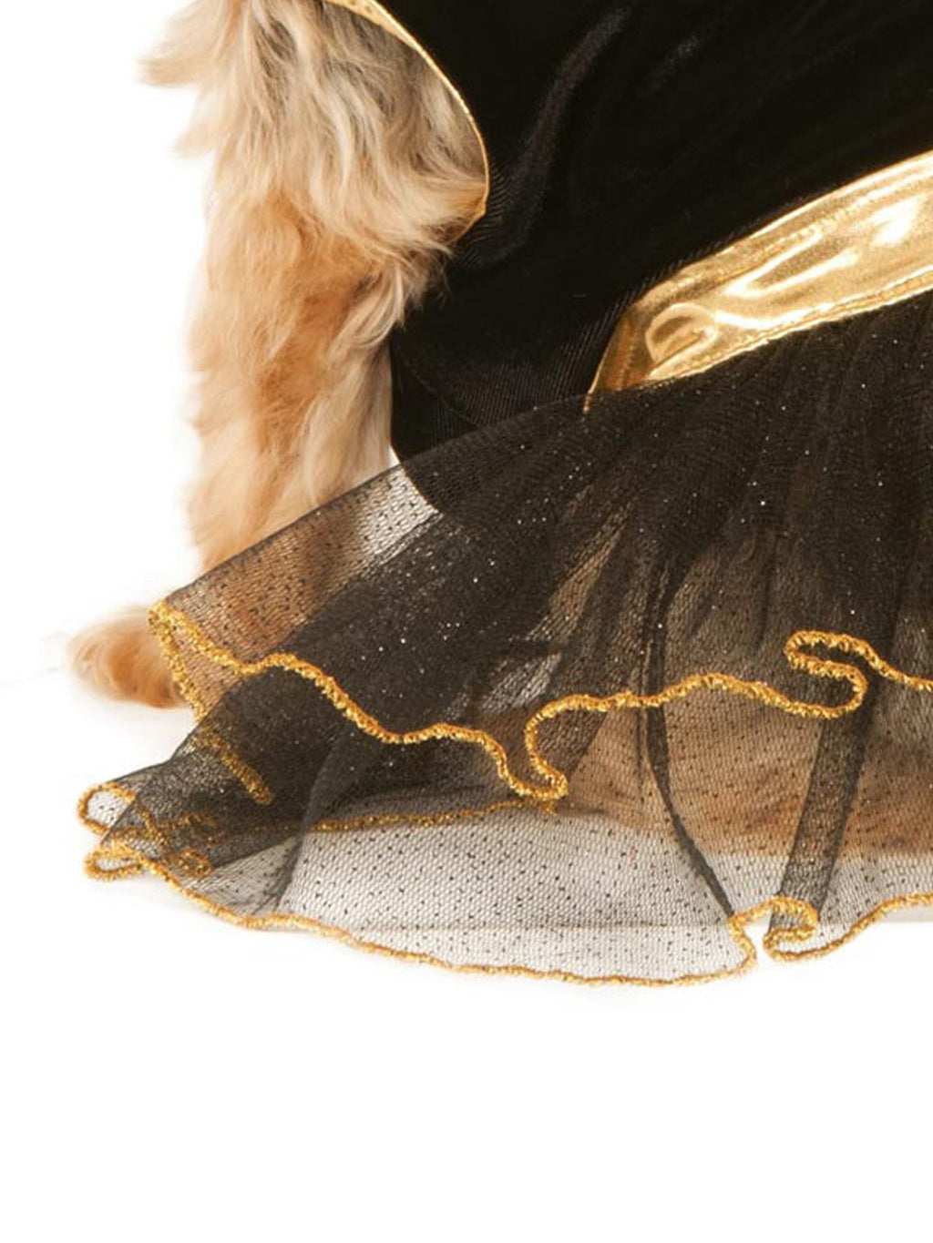 Close-up of the Batgirl pet tutu's black tulle skirt with gold edging