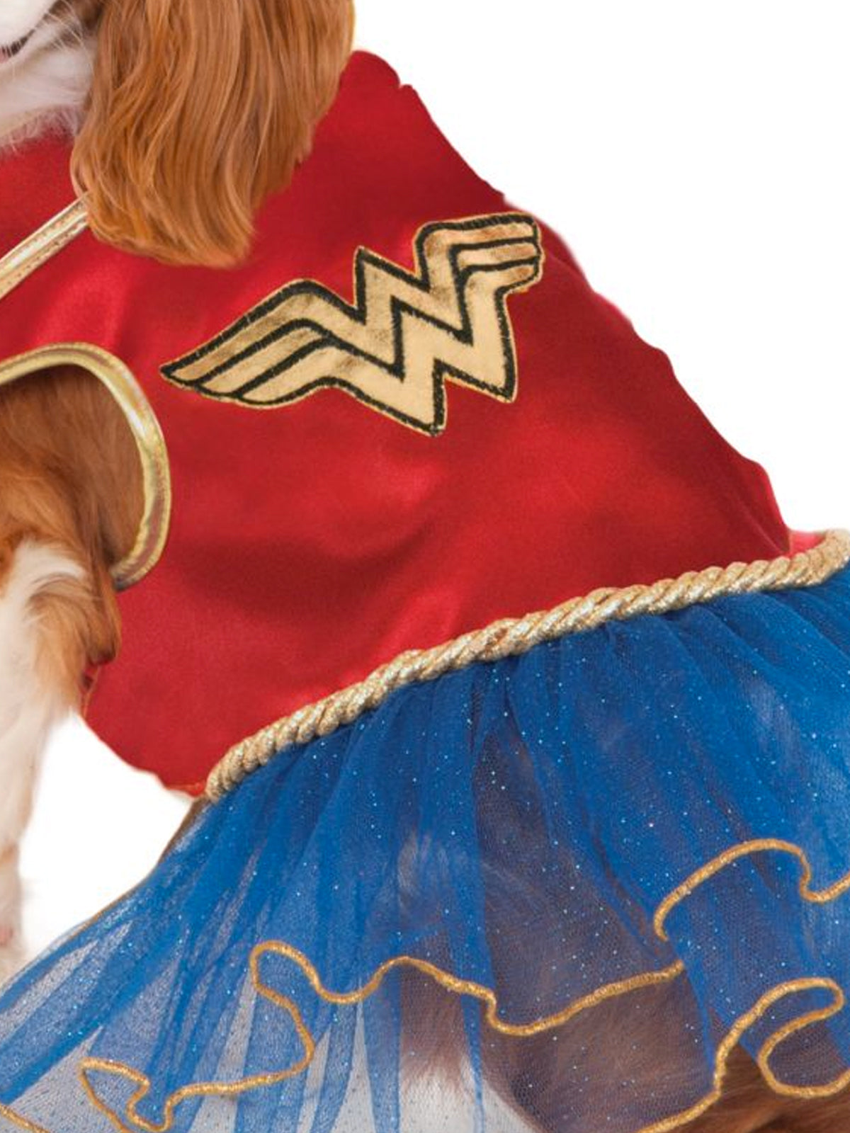 Close-up of the Wonder Woman pet tutu dress, red bodice with gold emblem and blue tulle skirt