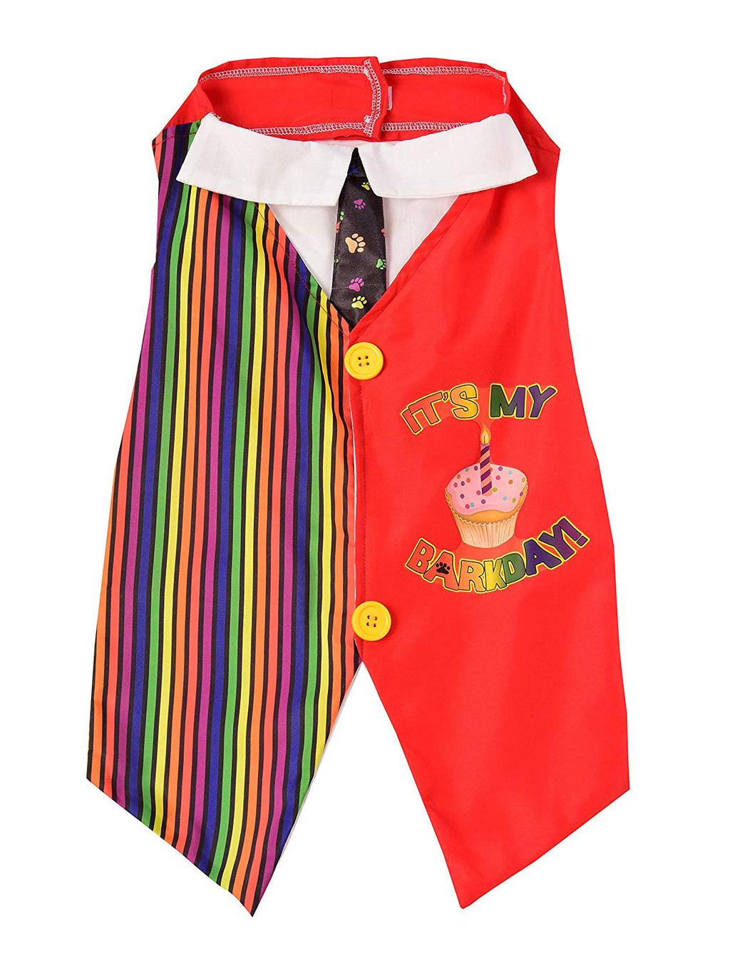 Barkday pet vest laid flat showing the rainbow-striped panel, cake print, white collar and tie