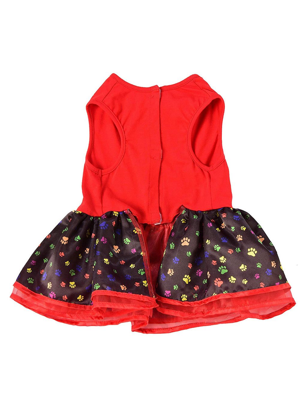 Back view of the Barkday pet tutu dress laid flat, red top and black glitter-print tutu skirt