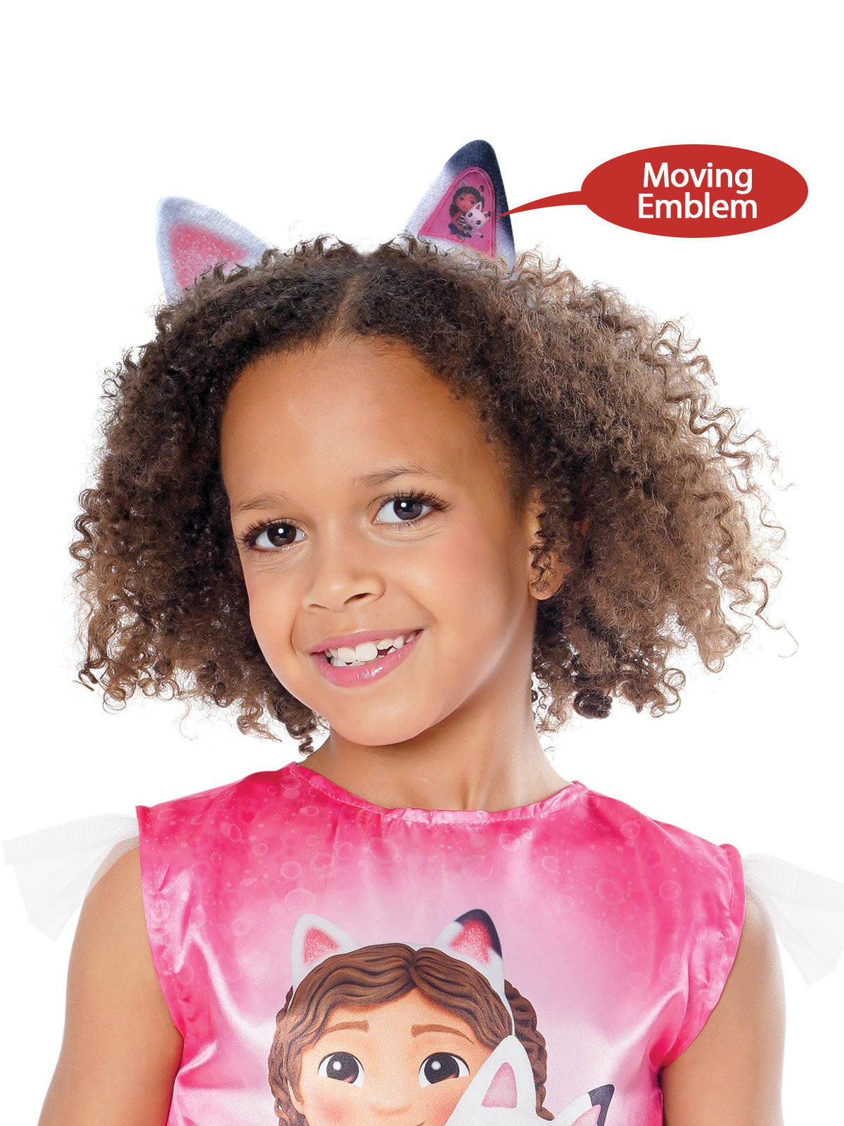 Girl wearing the Gabby's Dollhouse cat ears headband with a lenticular ear