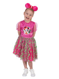 Girl in the Disney Minnie Mouse Christmas dress, pink with a Santa Minnie graphic, tree print tulle skirt and ears