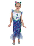 Girl in the Gabby's Dollhouse Mercat mermaid dress with a blue scaly skirt, tulle fins and starfish headband