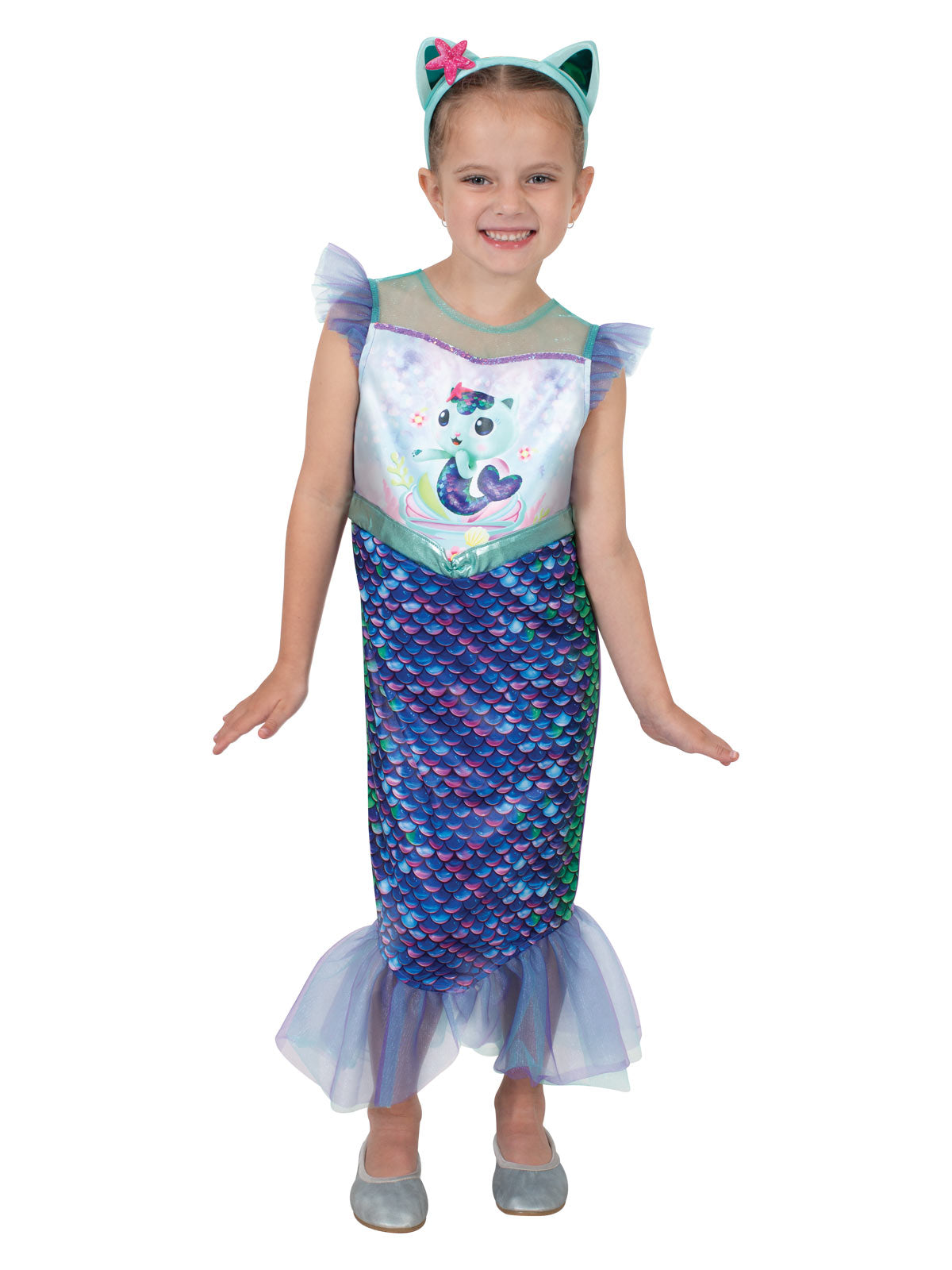 Girl in the Gabby's Dollhouse Mercat mermaid dress with a blue scaly skirt, tulle fins and starfish headband