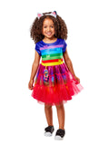 Girl in the Gabby's Dollhouse Rainbow Deluxe dress with rainbow stripes, red tulle skirt and cat ear headband
