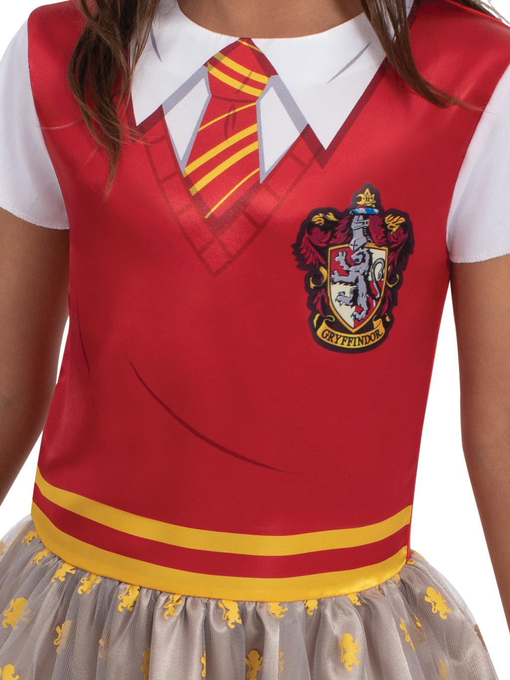 Close-up of the Gryffindor tutu bodice with printed tie and lion crest