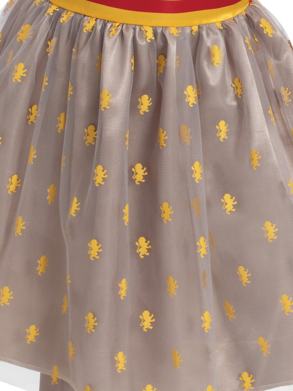 Close-up of the gold tulle tutu printed with Gryffindor lions