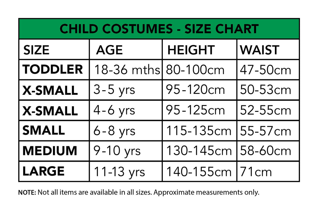 Size chart for the Gryffindor Gold Tutu Costume, Child