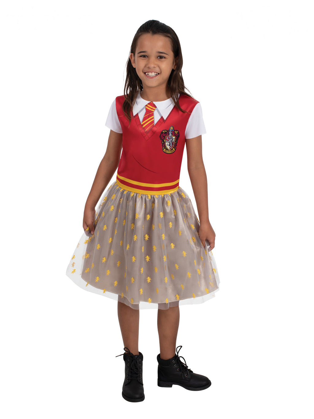 Girl in a Gryffindor tutu dress with printed red vest and tie and gold lion-print tulle skirt