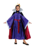 Girl in Disney Evil Queen costume with purple dress, red sash, black cloak with white collar and crown