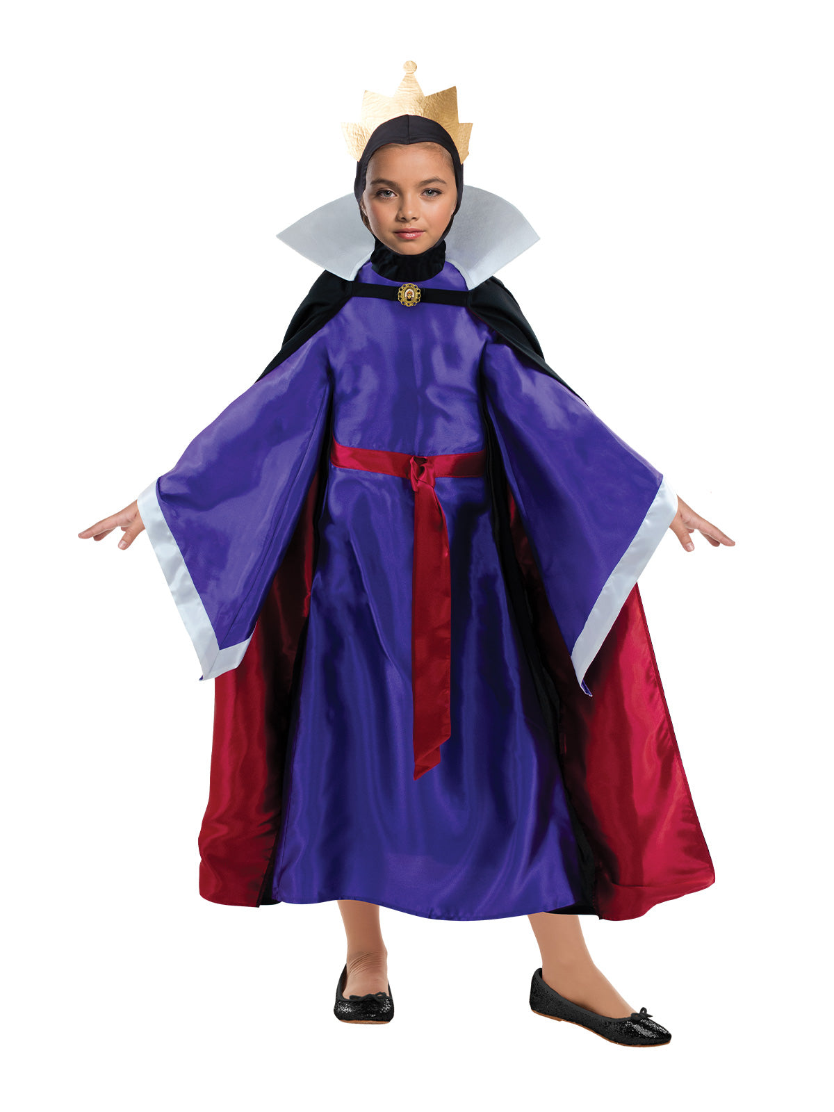 Girl in Disney Evil Queen costume with purple dress, red sash, black cloak with white collar and crown