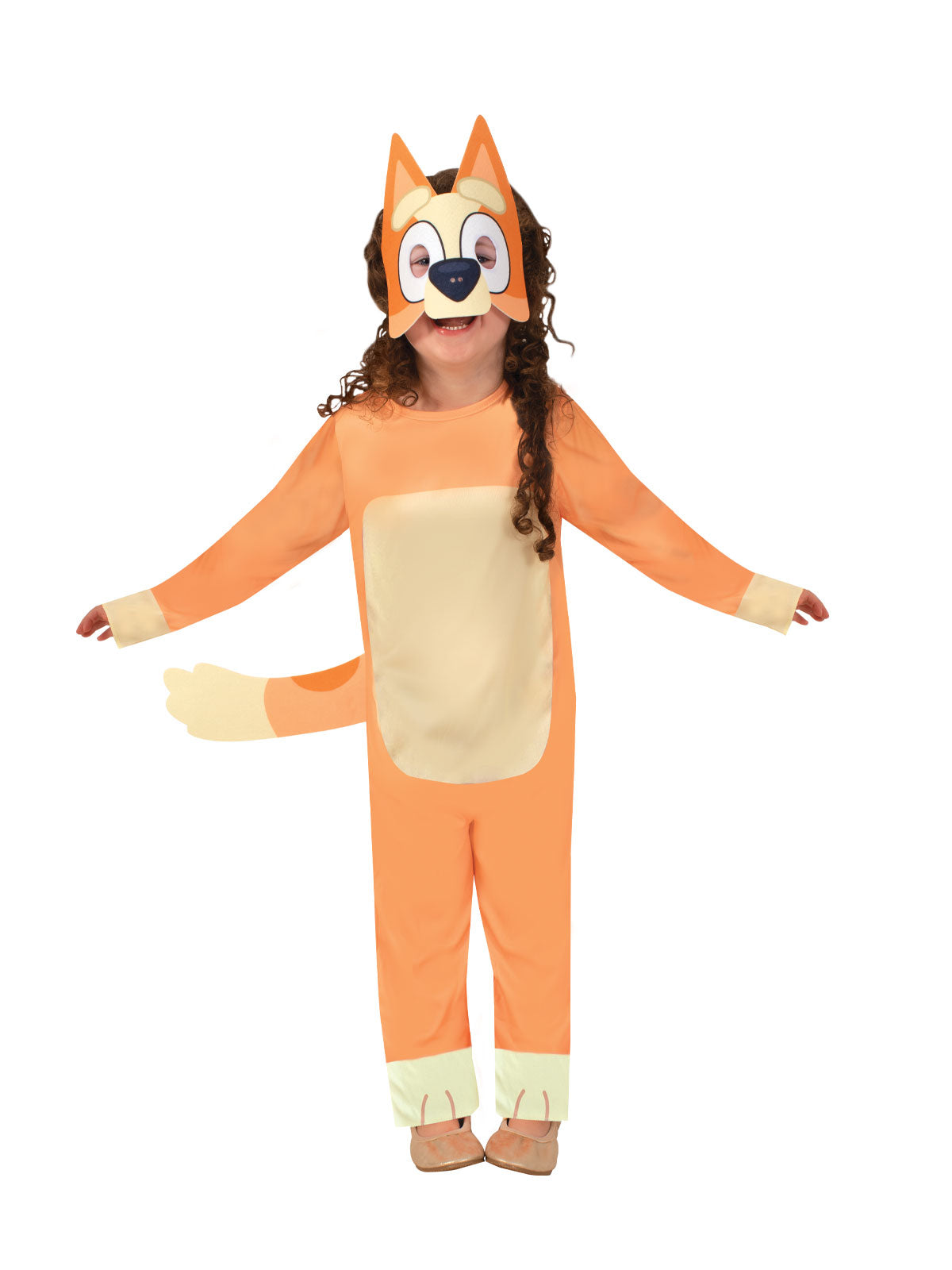 Girl in orange Bluey Bingo jumpsuit with cream tummy, tail and printed Bingo mask