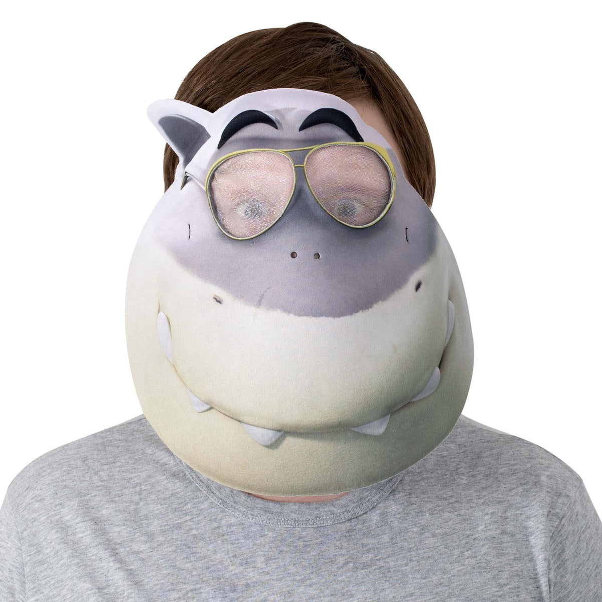 Person wearing the grey Mr Shark 3D foam mask with sunglasses and toothy grin