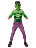 Boy in a Hulk printed muscle jumpsuit with purple pants and moulded Hulk mask