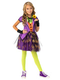 Girl wearing a Joker tutu dress with purple printed bodice, mock vest, yellow flower, glitter tulle skirt and glovelettes
