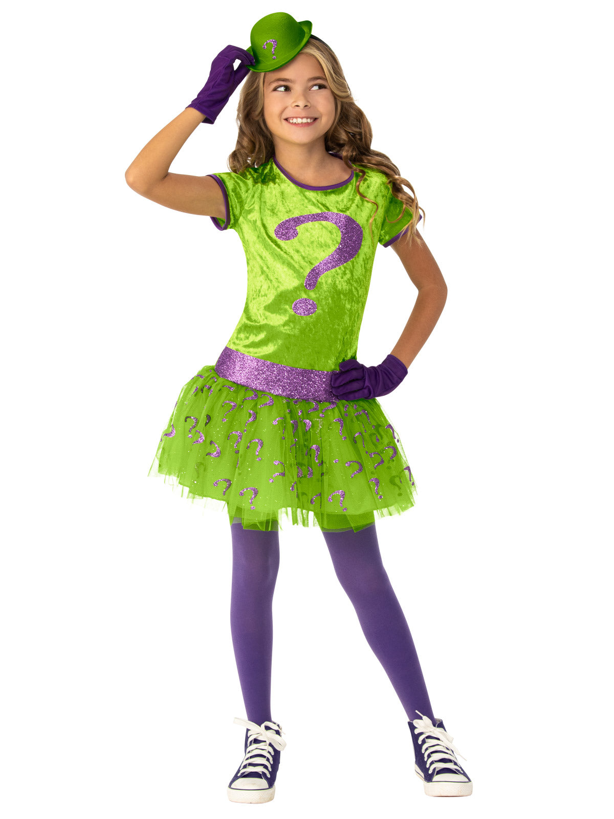 Girl wearing a green Riddler tutu dress with purple question mark, glitter tulle skirt, mini hat and purple gloves