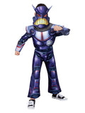Child in a Zurg jumpsuit with padded purple chest, flared legs, foam gauntlets and shoulder pads, and Zurg mask