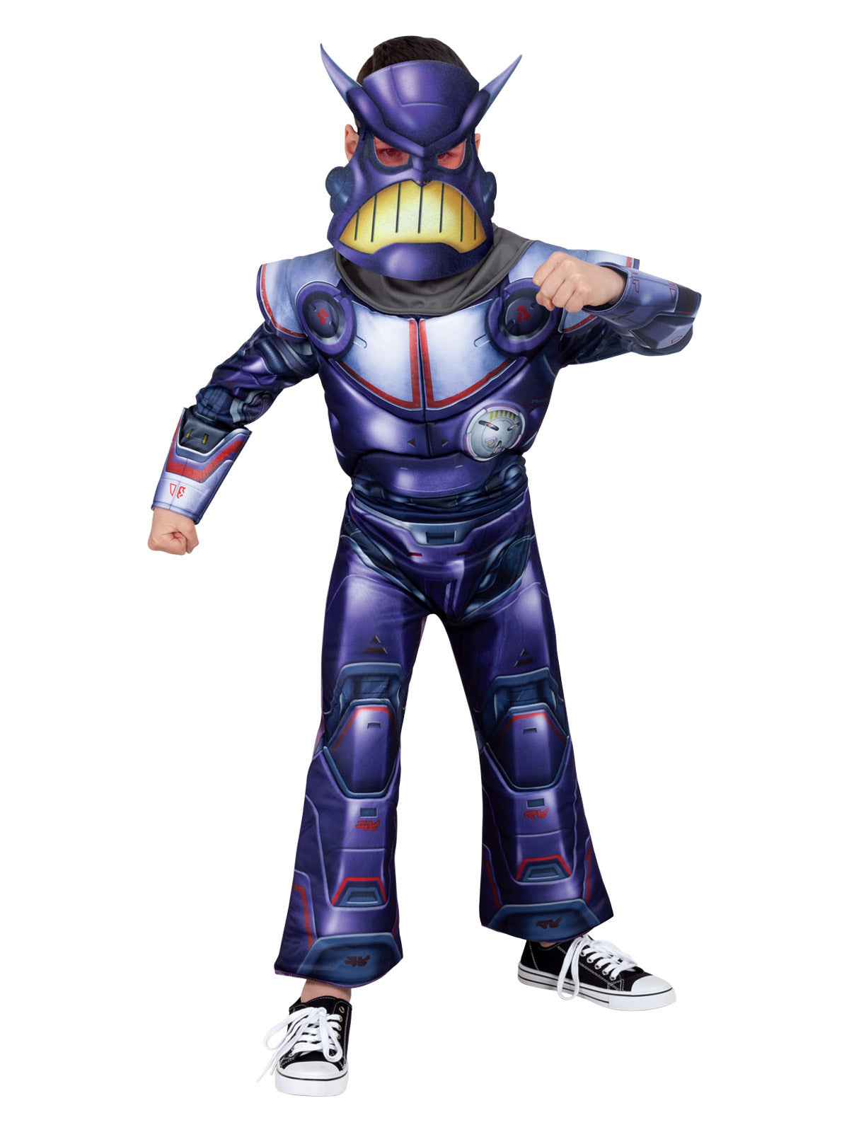 Child in a Zurg jumpsuit with padded purple chest, flared legs, foam gauntlets and shoulder pads, and Zurg mask