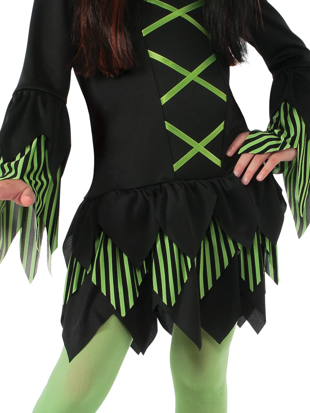 Close-up of the Lime Witch black dress with lime green lacing and striped tattered sleeves
