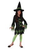 Girl in the Lime Witch costume with a black dress, lime green criss-cross lacing, ragged hem and pointed hat