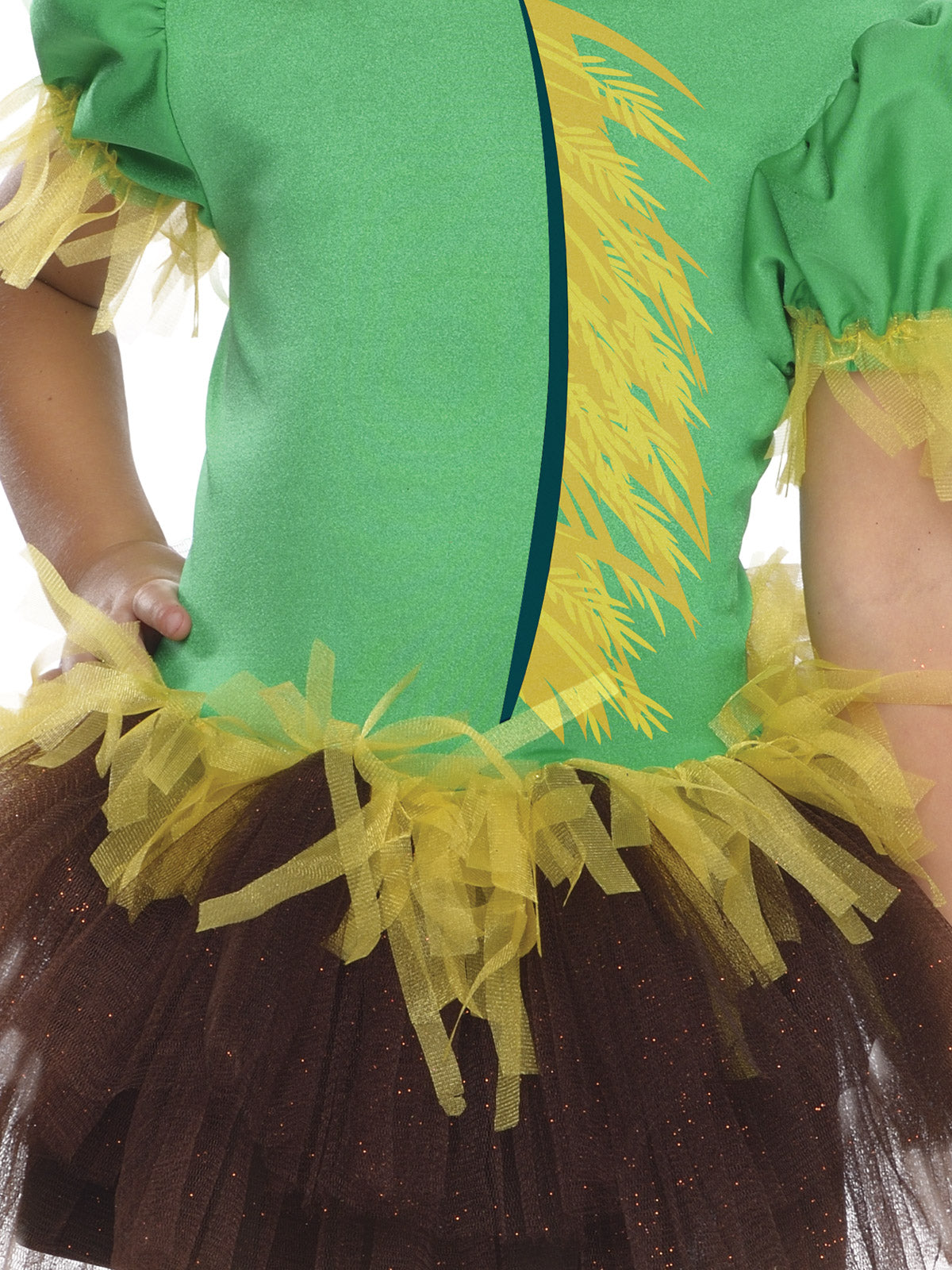 Close-up of the Scarecrow tutu dress's printed green bodice, yellow tulle fringe and brown tutu
