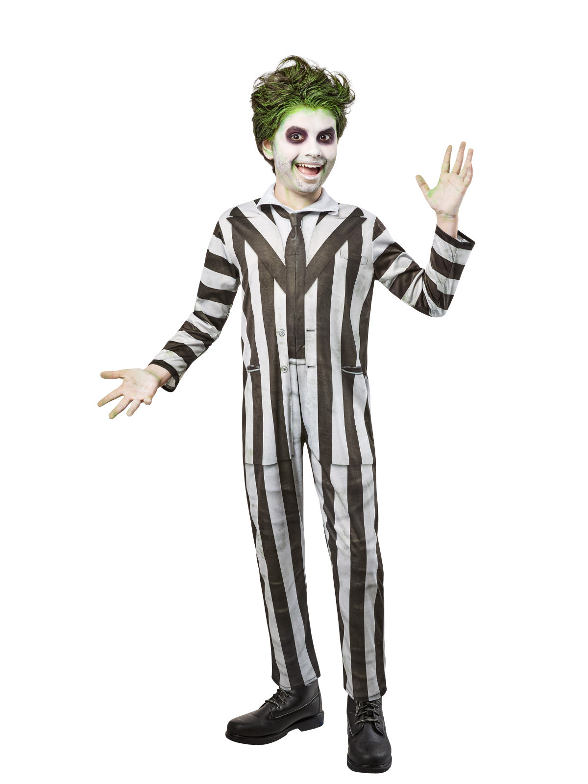 Boy in Beetlejuice black and white striped jumpsuit with worn-look print and attached black tie
