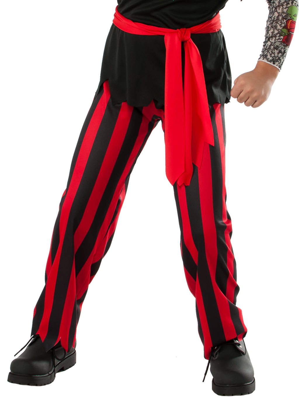 Close-up of the tattooed pirate's red and black striped pants with jagged cuffs and red waist sash