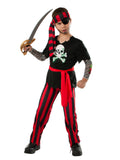 Boy wearing a tattooed pirate costume with skull and crossbones shirt, tattoo sleeves, red sash, headscarf and striped pants