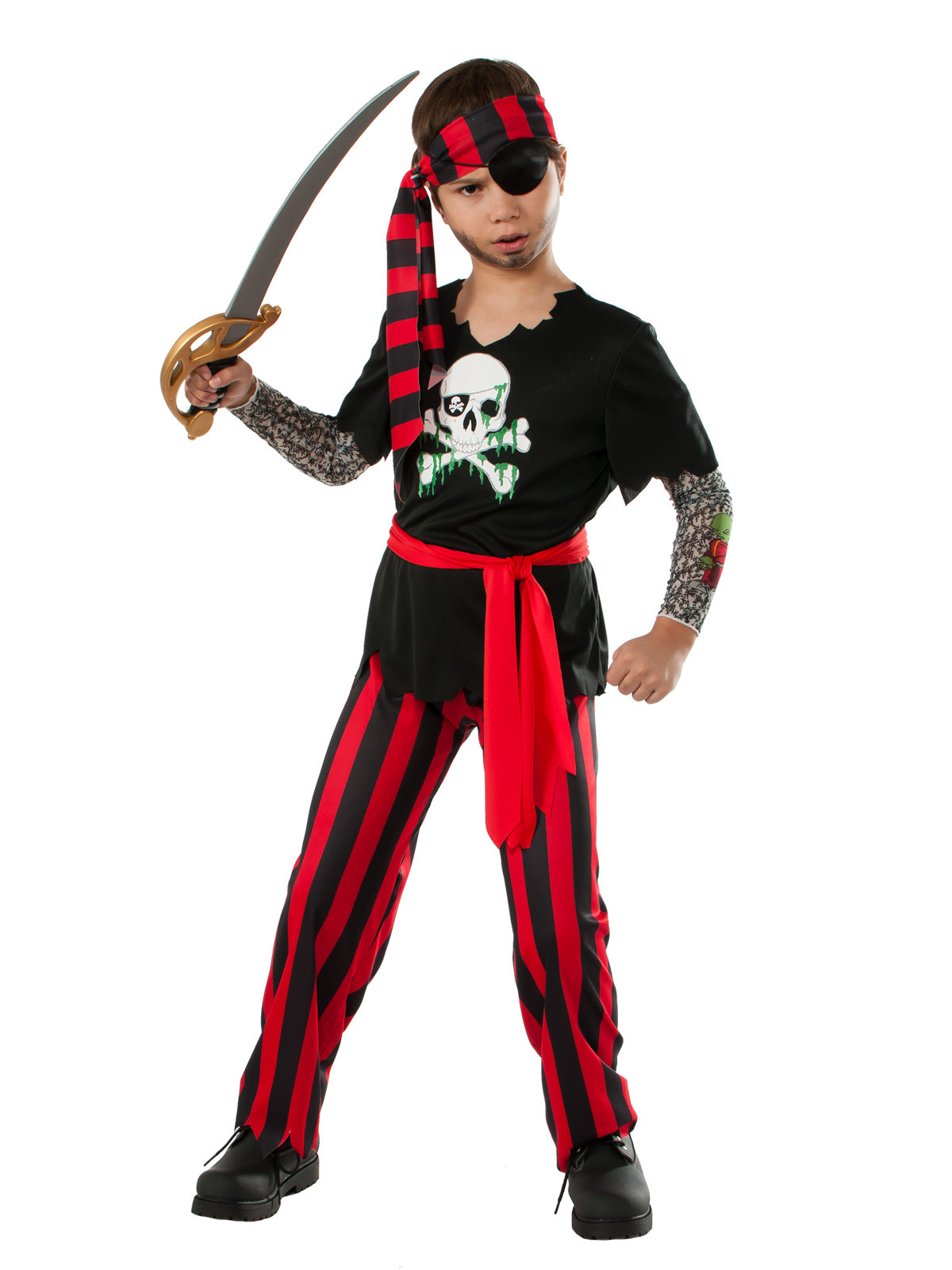 Boy wearing a tattooed pirate costume with skull and crossbones shirt, tattoo sleeves, red sash, headscarf and striped pants