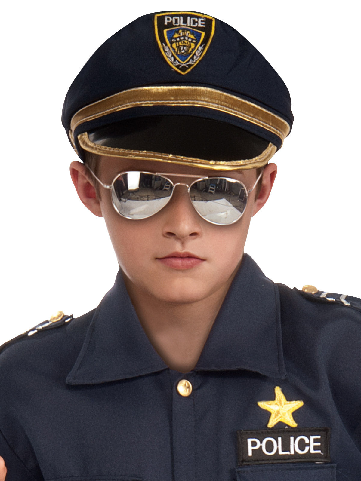 Close-up of a child wearing the navy police cap and shirt