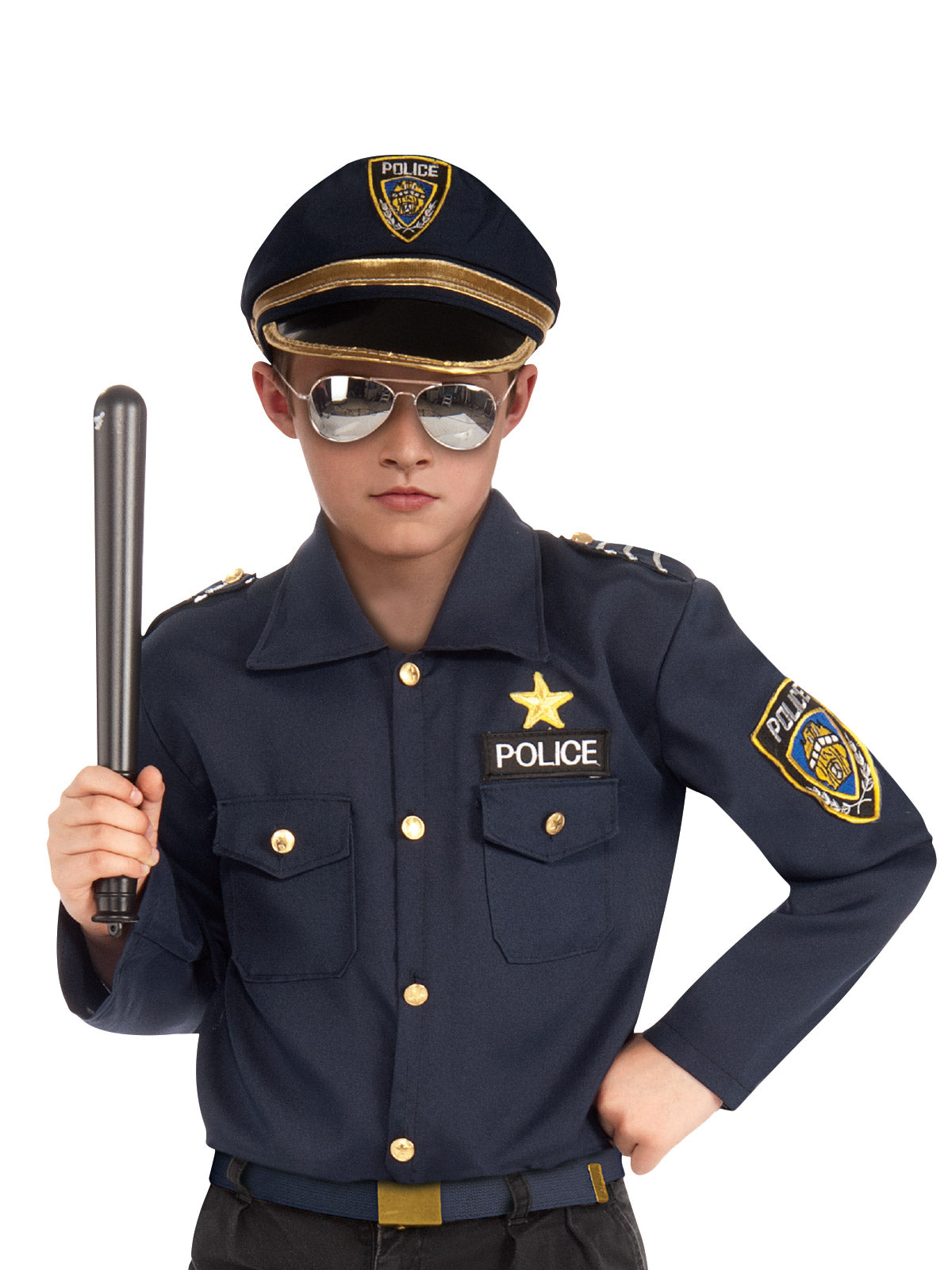 Child wearing the navy police shirt with gold badge and peaked police cap