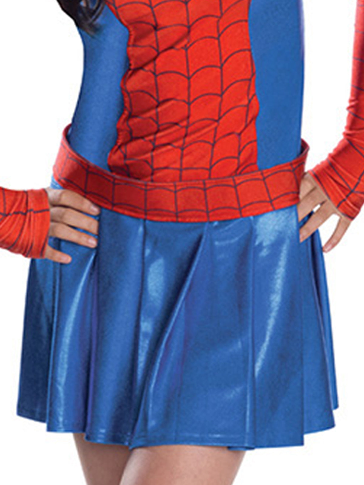 Close-up of the Spider-Girl dress's web-print belt and pleated blue satin skirt