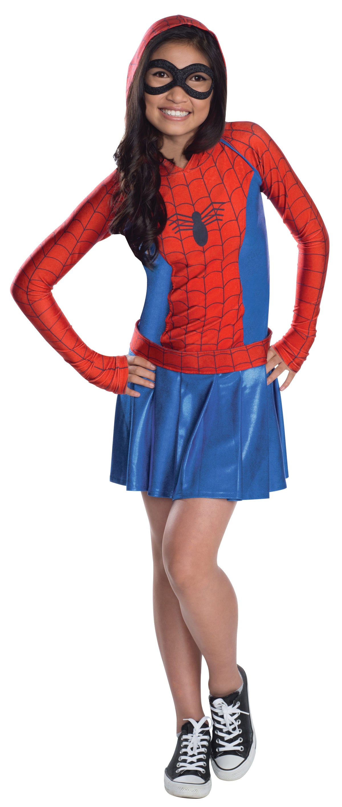Girl wearing a Spider-Girl hoodie dress with red web-print top and pleated blue satin skirt