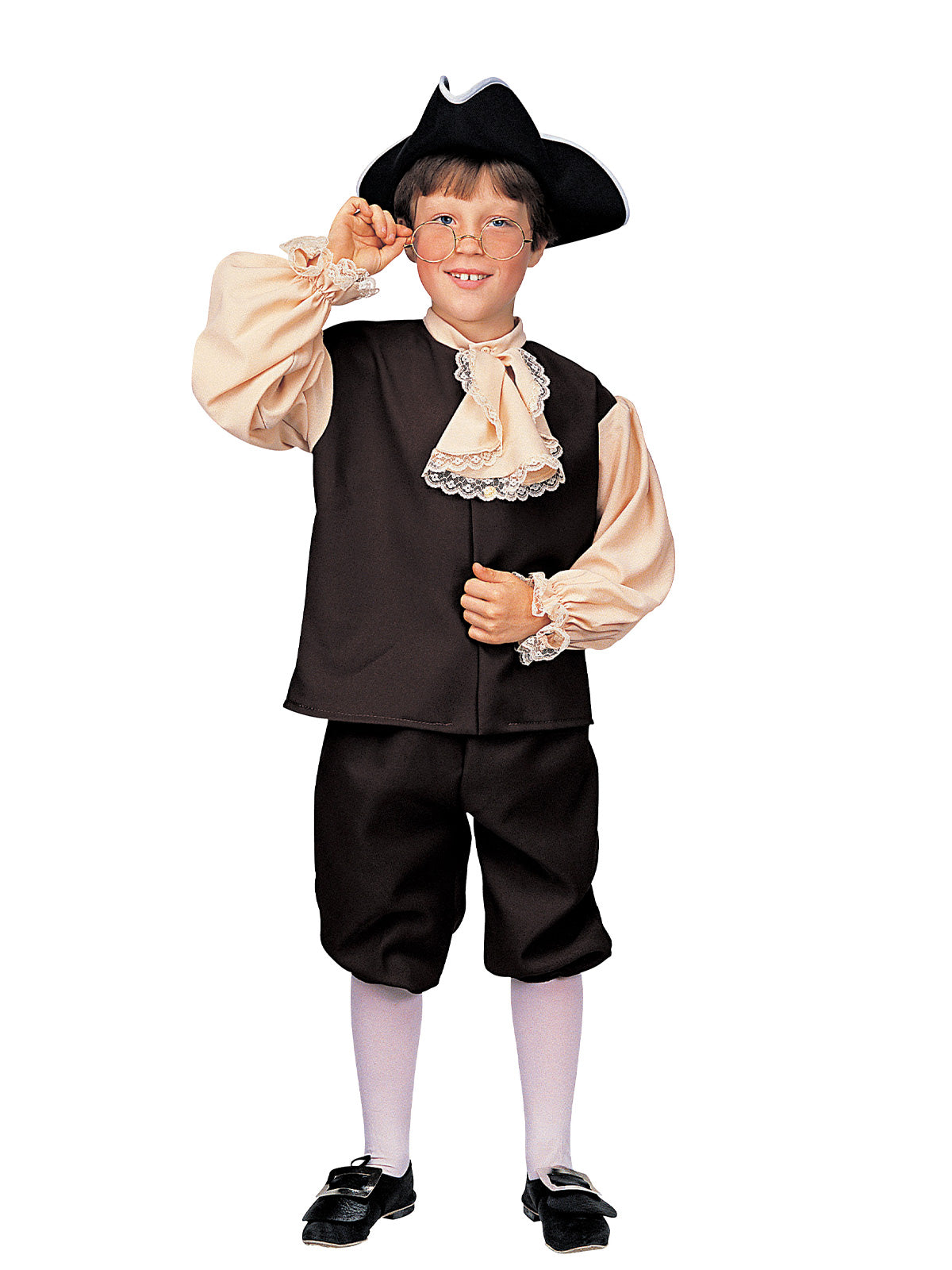 Boy in colonial costume with black vest, lace jabot, cream sleeves, black knee pants and tricorn hat